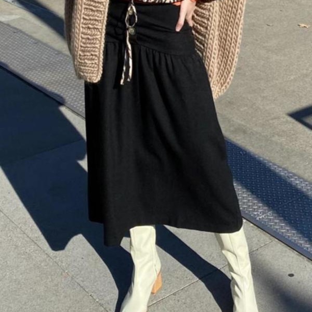 Rita Row Lana Midi wool skirt front buttons fit flare black